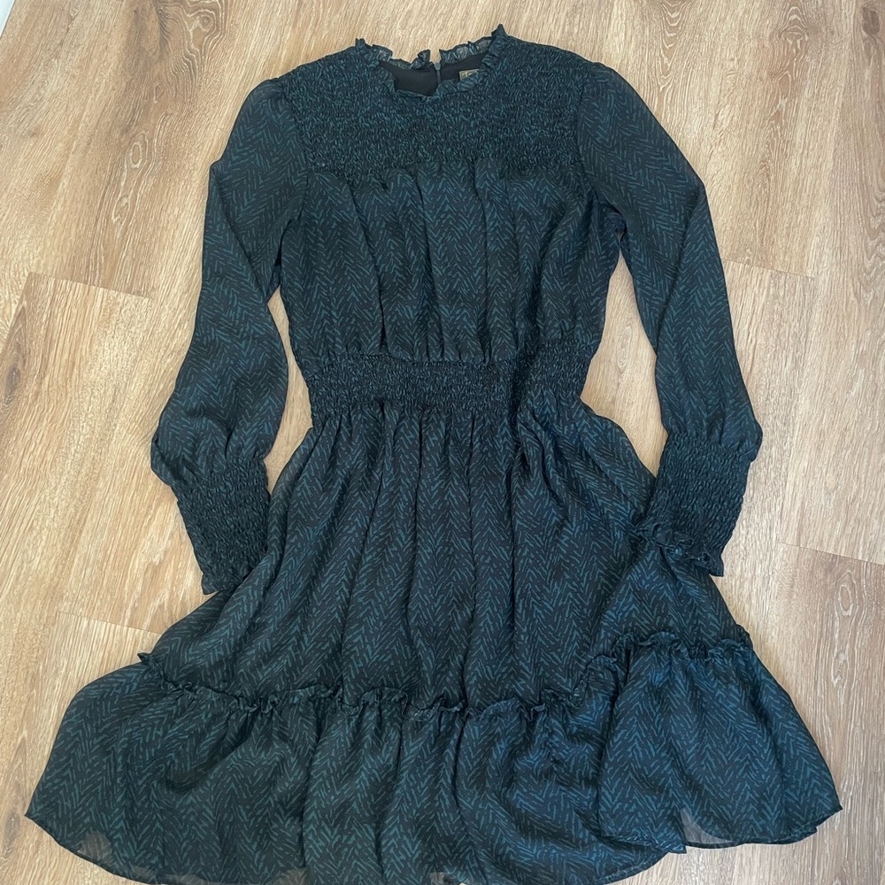 Lord & Taylor Black Long-Sleeve Smocked Waist Midi Dress